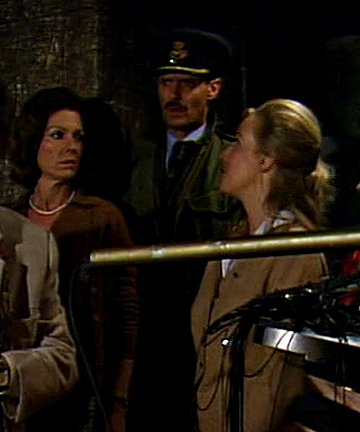 , Rachel Jensen, Allison Williams, and Ian Gilmore standing together in a basement in Remembrance of the Daleks.